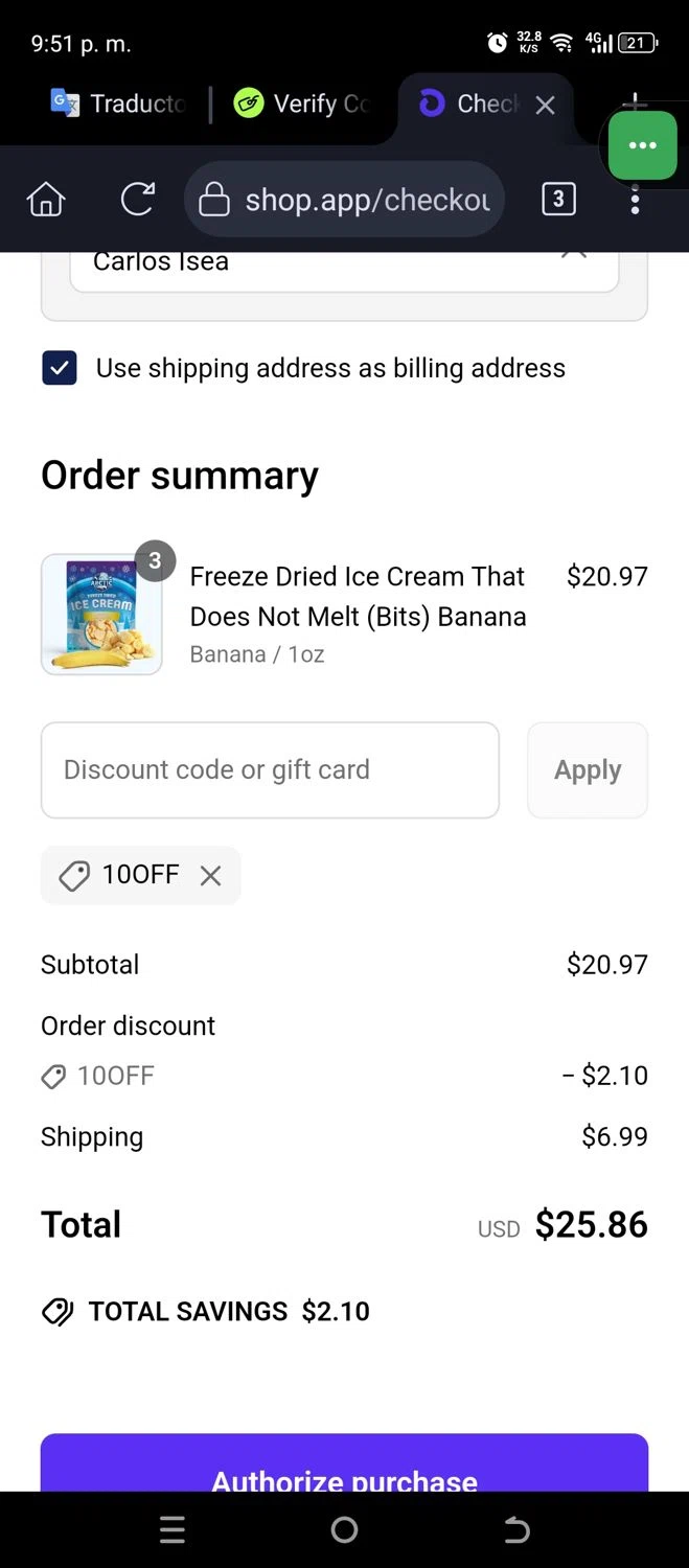 Arctic Farms promo code screenshot showing code 10OFF applied at Arctic Farms checkout page. Uploaded by SimplyCodes community member JannyiseaN on Apr 9, 2025