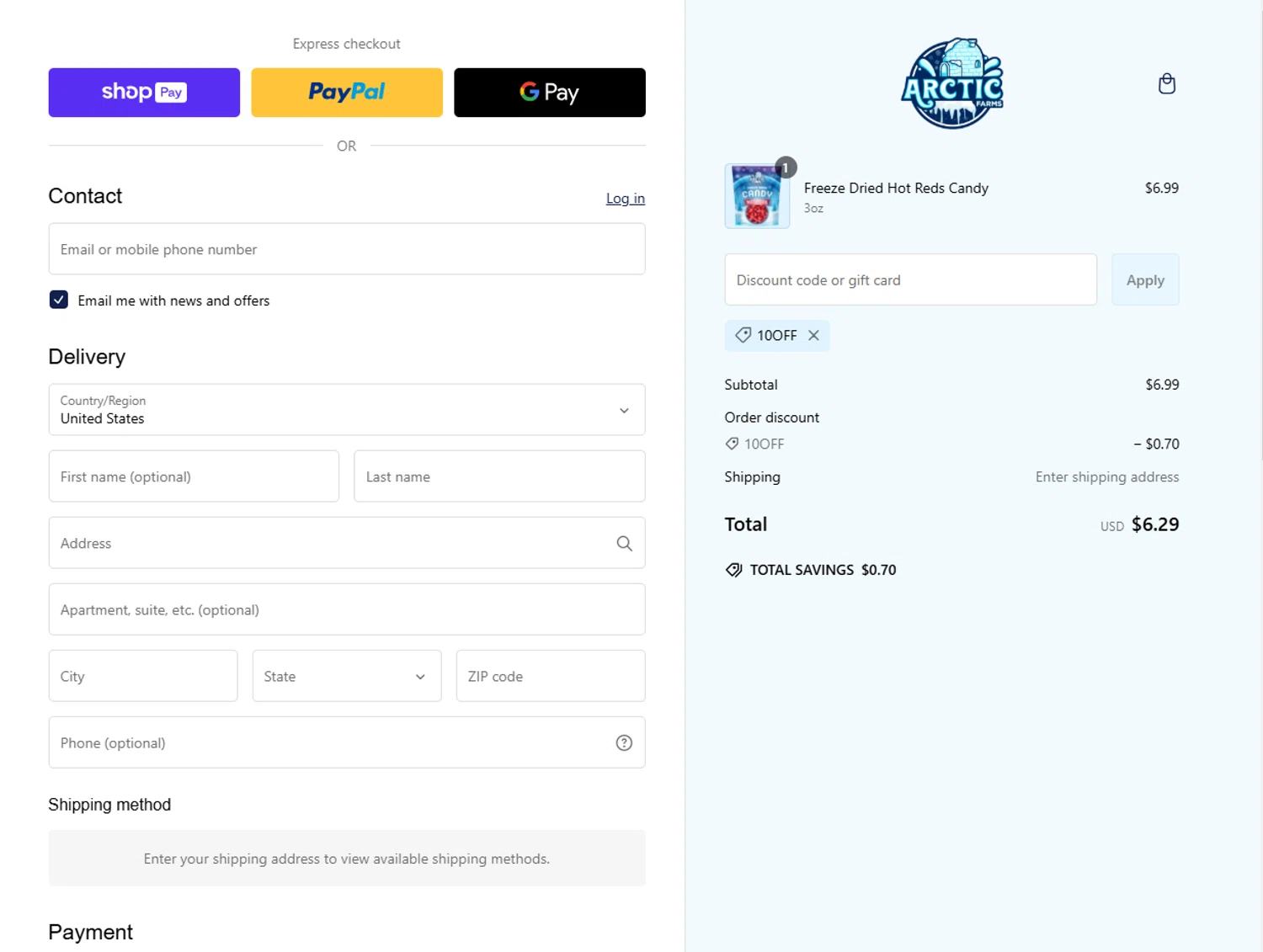 Arctic Farms promo code screenshot showing code 10OFF applied at Arctic Farms checkout page. Uploaded by SimplyCodes community member ShieldScout6572 on Feb 21, 2025
