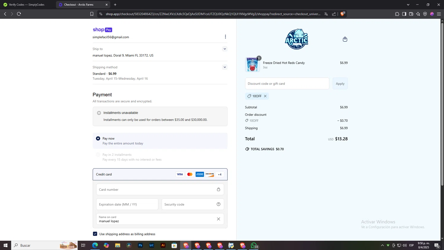 Arctic Farms promo code screenshot showing code 10OFF applied at Arctic Farms checkout page. Uploaded by SimplyCodes community member NobleLegend6162 on Apr 9, 2025