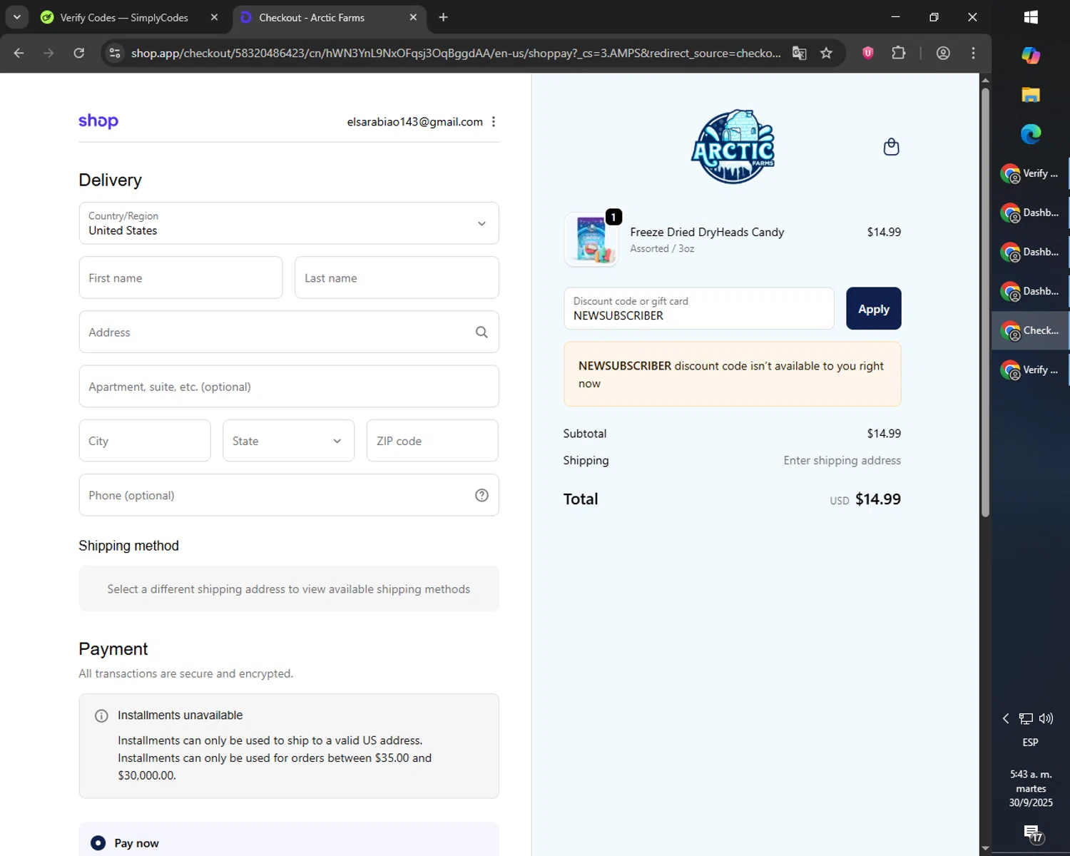 Arctic Farms promo code screenshot showing code NEWSUBSCRIBER applied at Arctic Farms checkout page. Uploaded by SimplyCodes community member CouponGuardian8137 on Sep 30, 2025