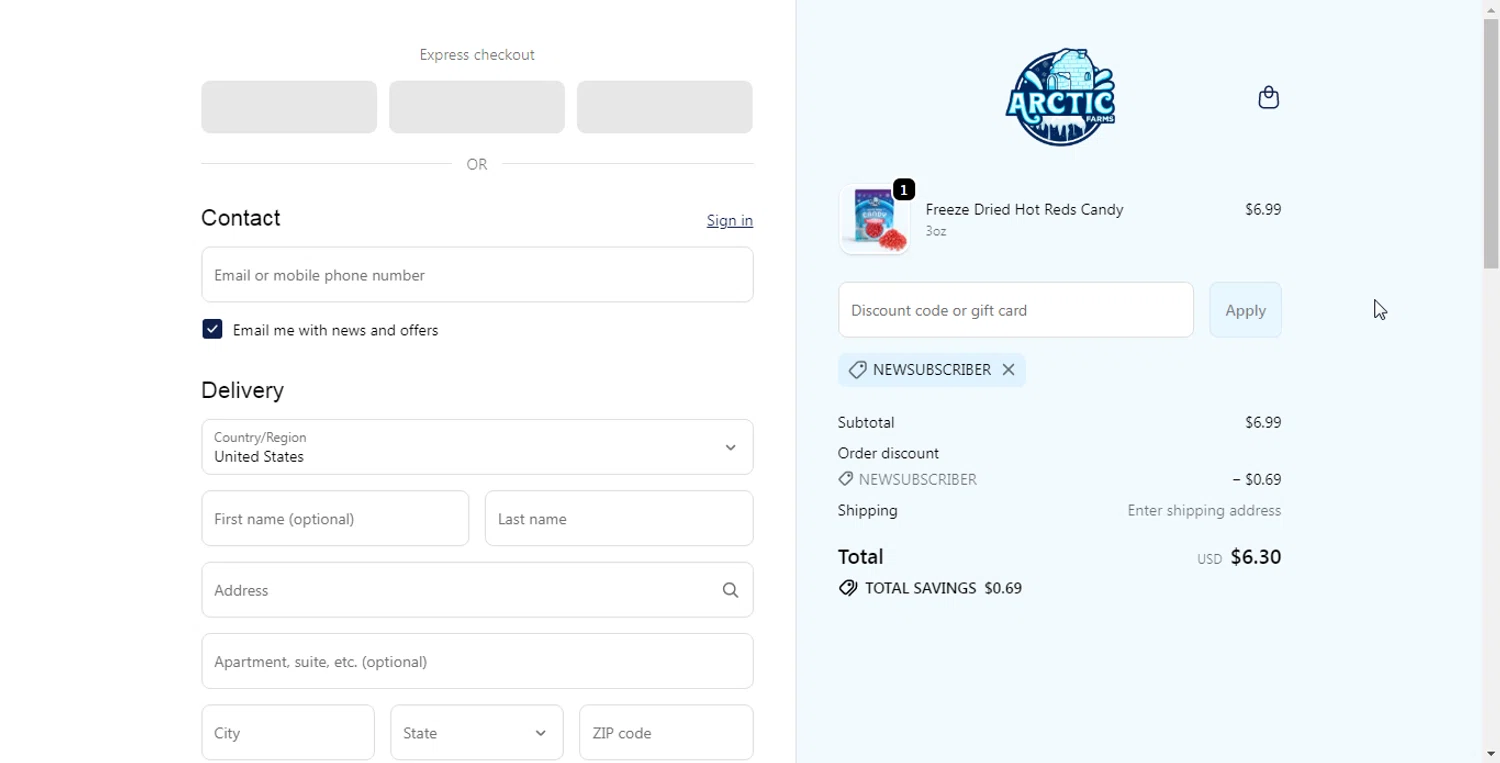 Arctic Farms promo code screenshot showing code NEWSUBSCRIBER applied at Arctic Farms checkout page. Uploaded by SimplyCodes community member Freddyviejo on Oct 11, 2025