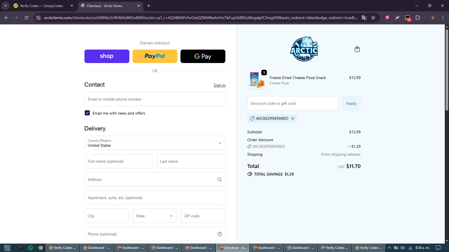 Arctic Farms promo code screenshot showing code WICKEDPREPARED applied at Arctic Farms checkout page. Uploaded by SimplyCodes community member GoldSentinel1426 on Dec 29, 2025