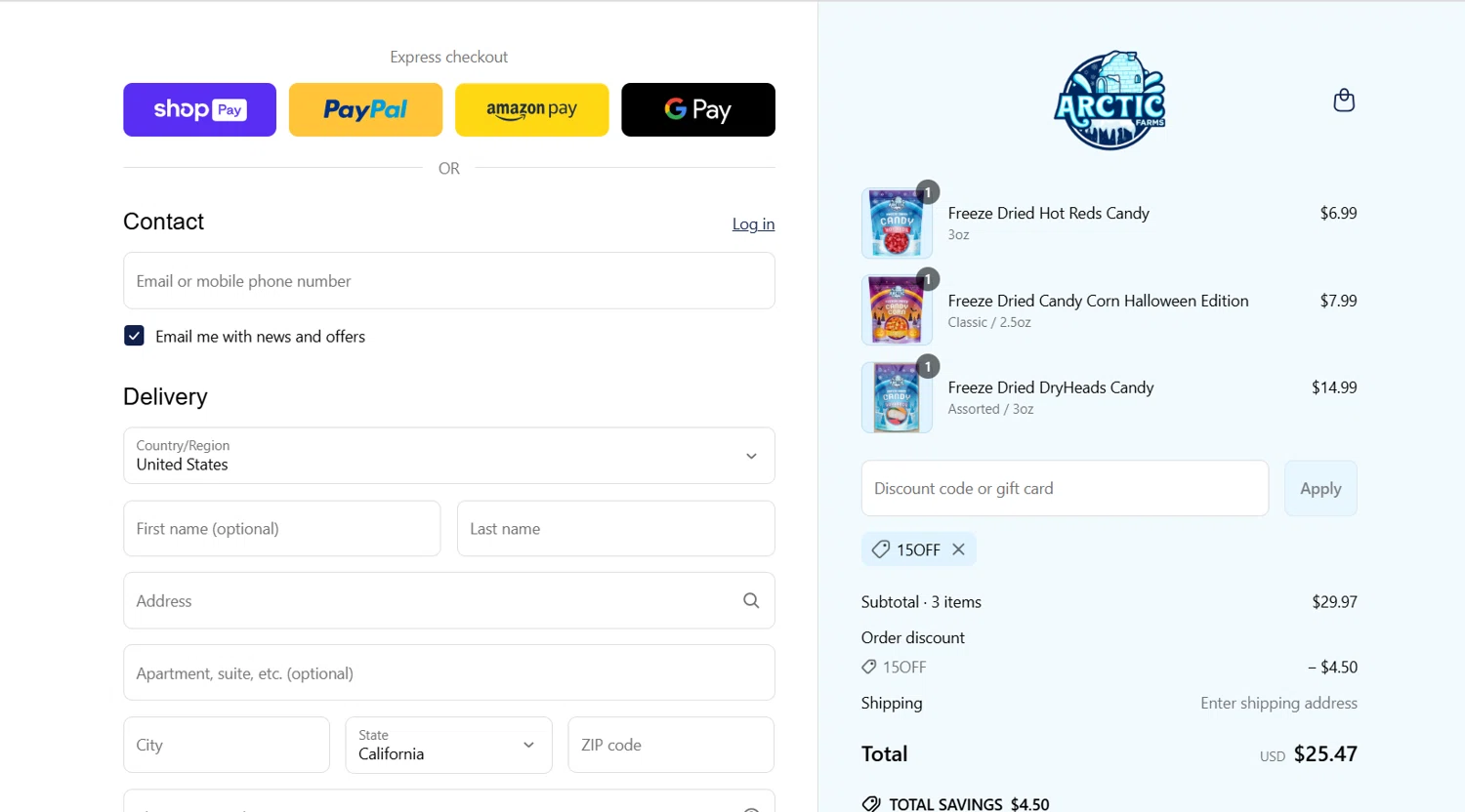 Arctic Farms promo code screenshot showing code 15OFF applied at Arctic Farms checkout page. Uploaded by SimplyCodes community member jade5416625024720 on Mar 17, 2025