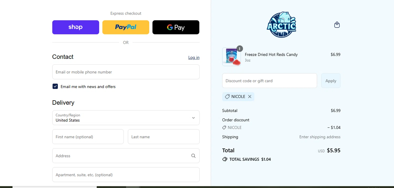 Arctic Farms promo code screenshot showing code NICOLE applied at Arctic Farms checkout page. Uploaded by SimplyCodes community member juanisaac on Sep 5, 2025