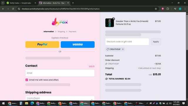 Arctic Fox checkout page showing Arctic Fox discount code box | Screenshot taken by SimplyCodes community member on Sep 2, 2025