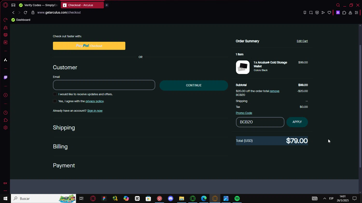 Arculus promo code screenshot showing code BCB20 applied at Arculus checkout page. Uploaded by SimplyCodes community member FortunateHawk6980 on May 26, 2025