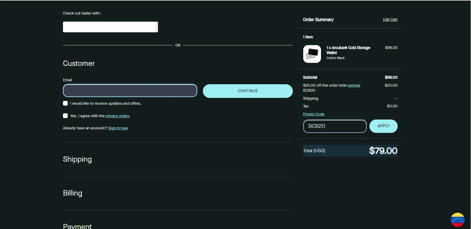 Arculus promo code screenshot showing code BCB20 applied at Arculus checkout page. Uploaded by SimplyCodes community member BrillianteMaestro892 on Apr 18, 2025