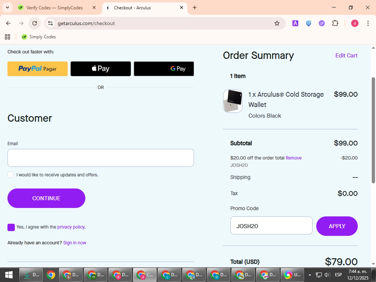 Arculus promo code screenshot showing code JOSH20 applied at Arculus checkout page. Uploaded by SimplyCodes community member BudgetVoyager5452 on Dec 12, 2025