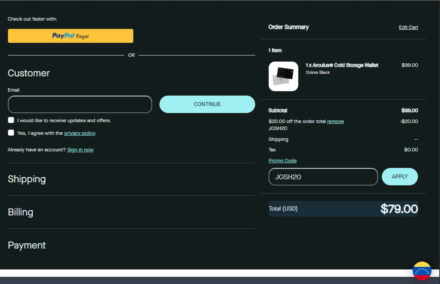 Arculus promo code screenshot showing code JOSH20 applied at Arculus checkout page. Uploaded by SimplyCodes community member GoldPhoenix3793 on May 26, 2025