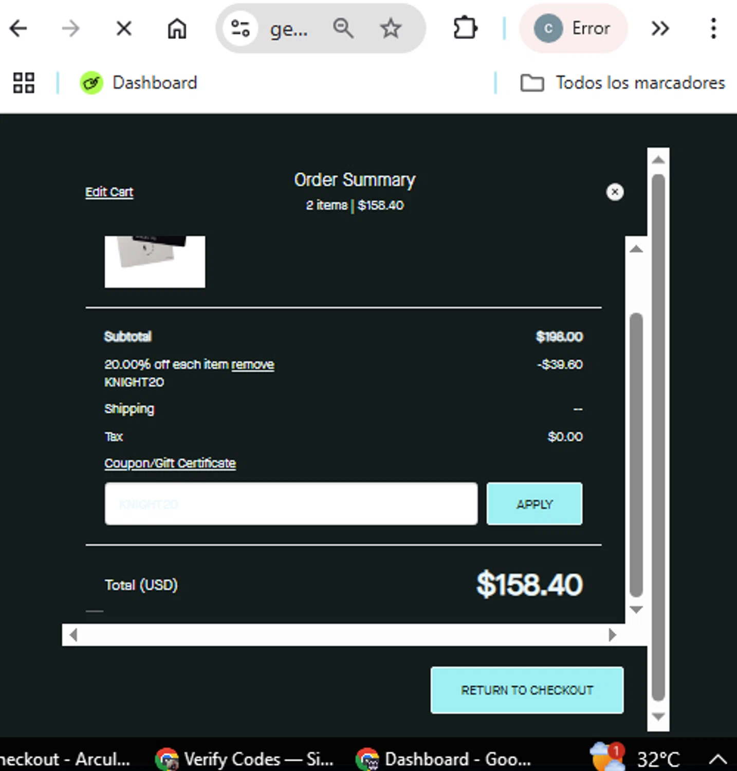 Arculus promo code screenshot showing code KNIGHT20 applied at Arculus checkout page. Uploaded by SimplyCodes community member Menotii23 on May 26, 2025