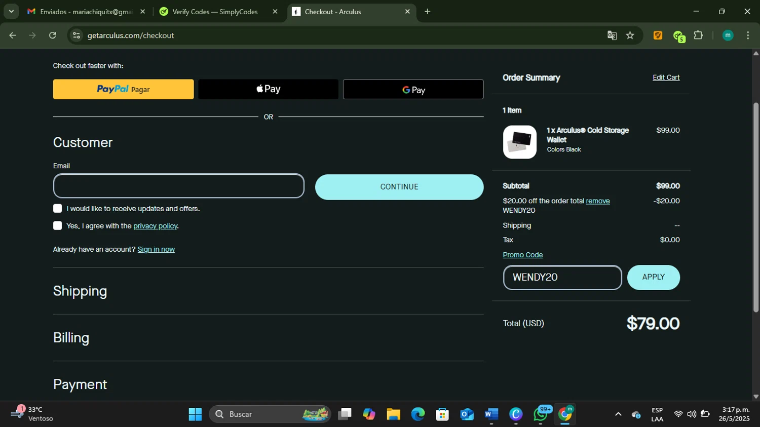Arculus promo code screenshot showing code WENDY20 applied at Arculus checkout page. Uploaded by SimplyCodes community member SavingsShopper165 on May 26, 2025