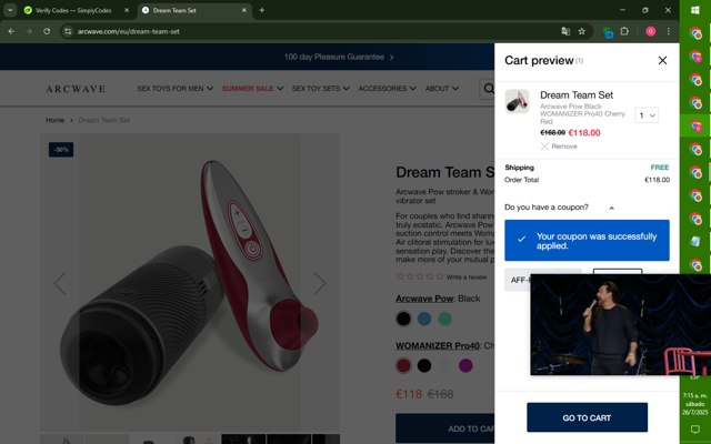 ARCWAVE checkout page showing ARCWAVE coupon code box | Screenshot taken by SimplyCodes community member on Jul 26, 2025