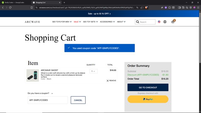 ARCWAVE checkout page showing ARCWAVE coupon code box | Screenshot taken by SimplyCodes community member on Aug 5, 2025