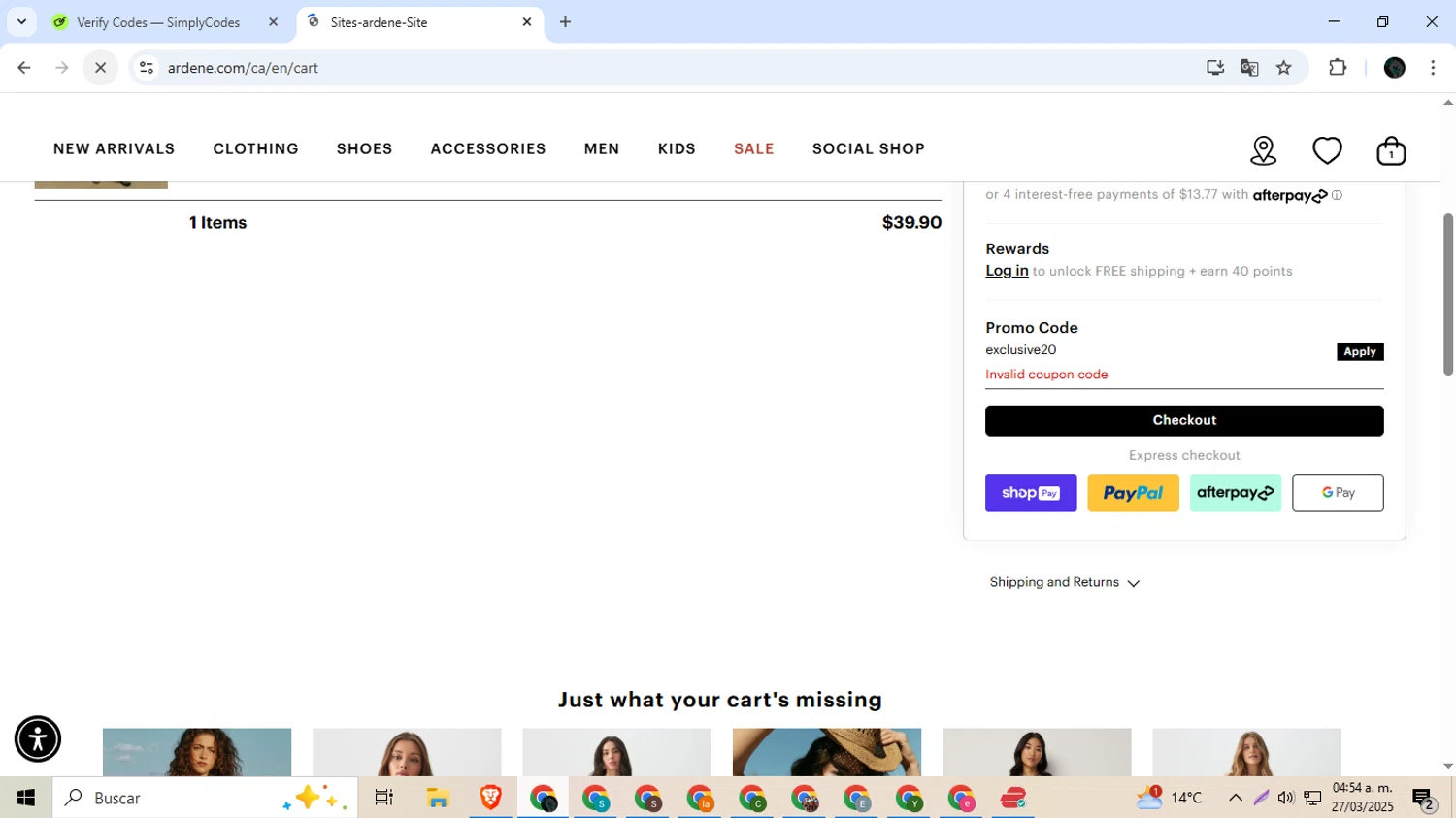 Ardene promo code screenshot showing code exclusive20 applied at Ardene checkout page. Uploaded by SimplyCodes community member Ingeniero on Mar 27, 2025