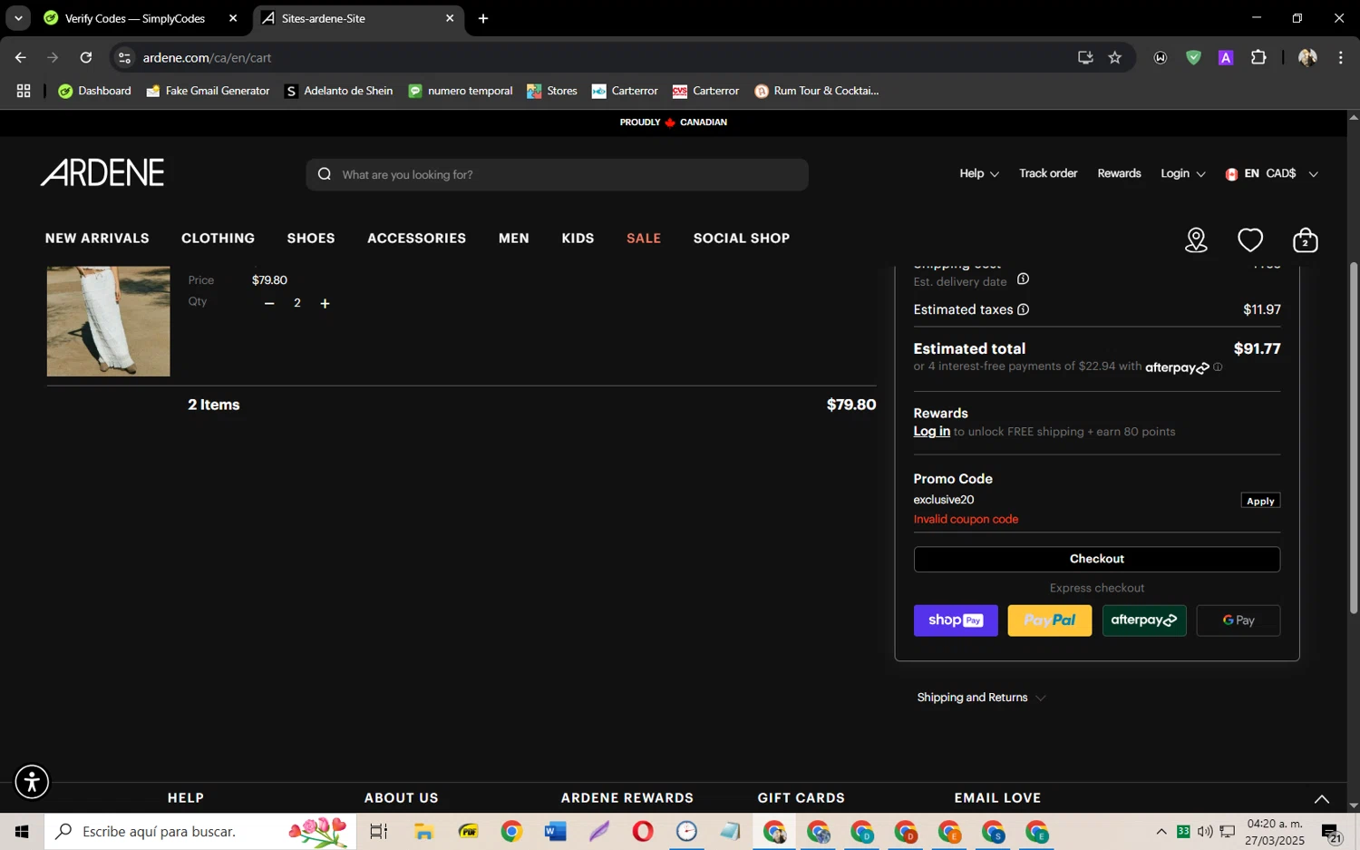 Ardene promo code screenshot showing code exclusive20 applied at Ardene checkout page. Uploaded by SimplyCodes community member jeysosmoore on Mar 27, 2025