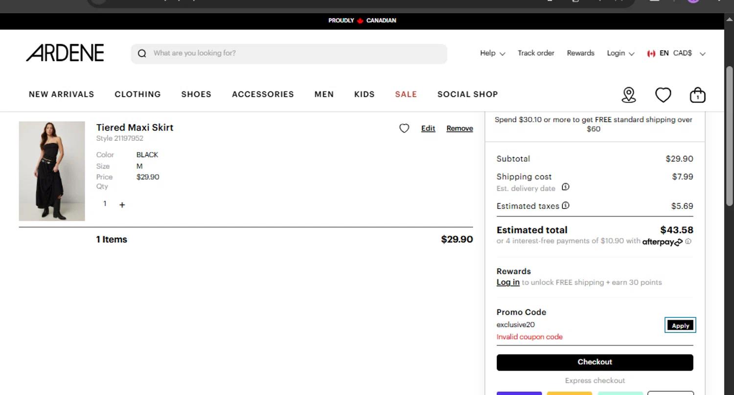 Ardene promo code screenshot showing code exclusive20 applied at Ardene checkout page. Uploaded by SimplyCodes community member scotlake22 on Mar 27, 2025