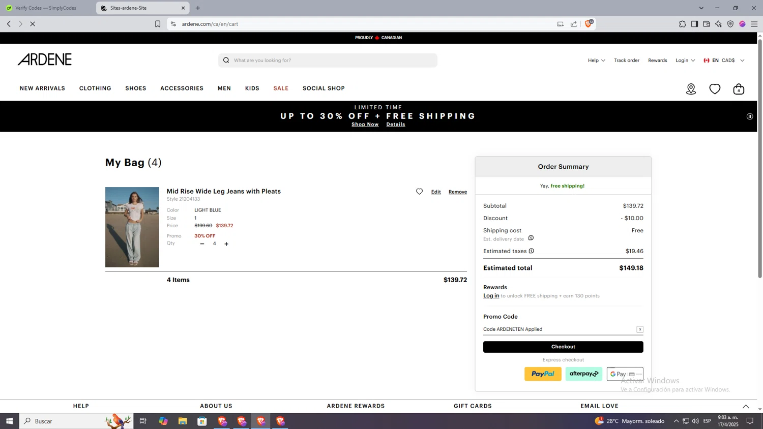 Ardene promo code screenshot showing code ARDENETEN applied at Ardene checkout page. Uploaded by SimplyCodes community member Nezukooo on Apr 17, 2025