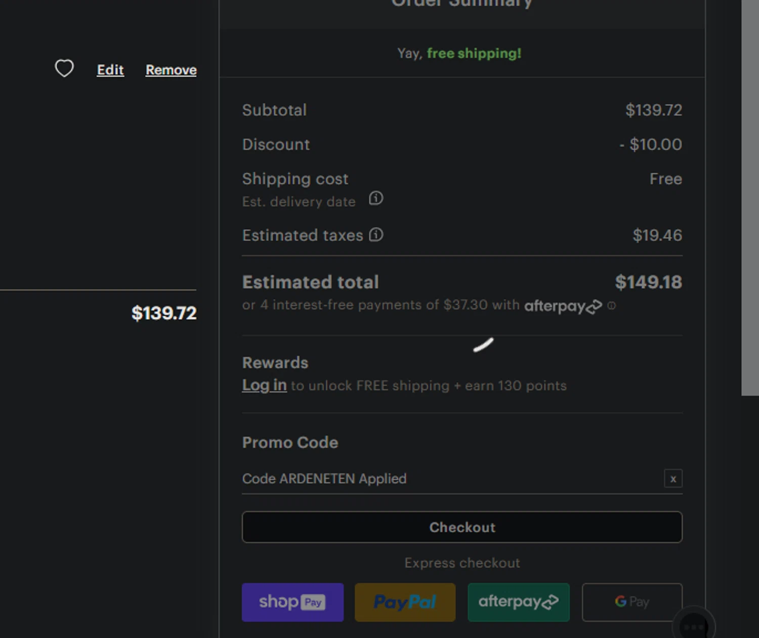 Ardene promo code screenshot showing code ARDENETEN applied at Ardene checkout page. Uploaded by SimplyCodes community member xocelot44x on Apr 17, 2025