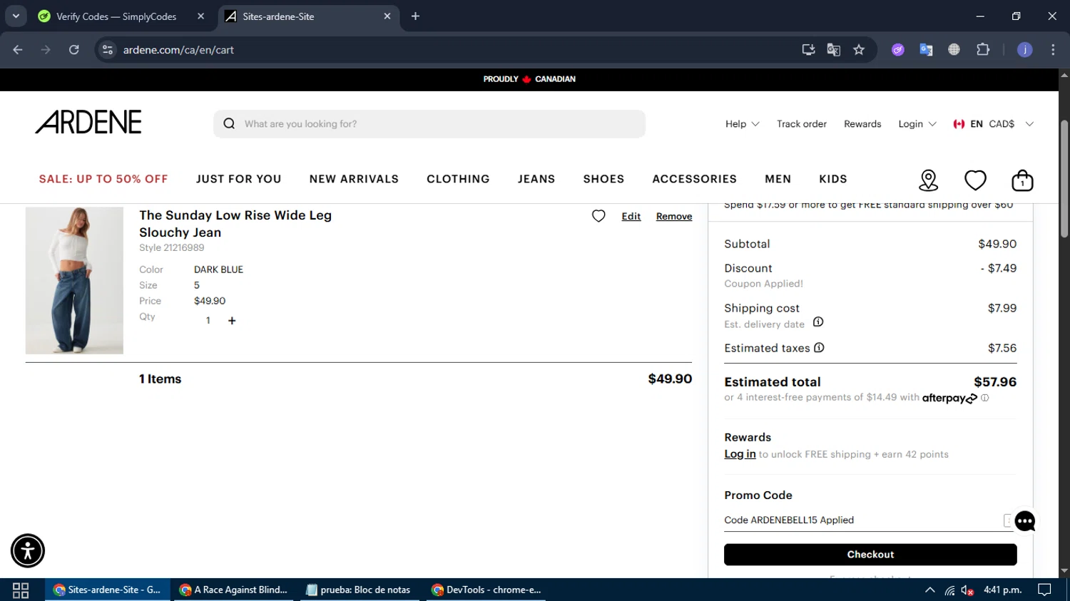 Ardene promo code screenshot showing code ardenebell15 applied at Ardene checkout page. Uploaded by SimplyCodes community member Chimuelo on Aug 19, 2025