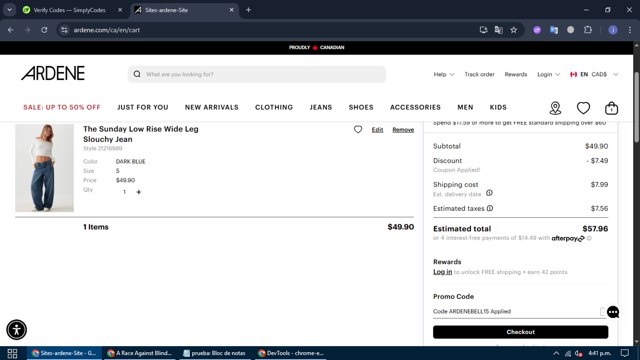 Ardene checkout page showing Ardene promo code box | Screenshot taken by SimplyCodes community member on Aug 19, 2025
