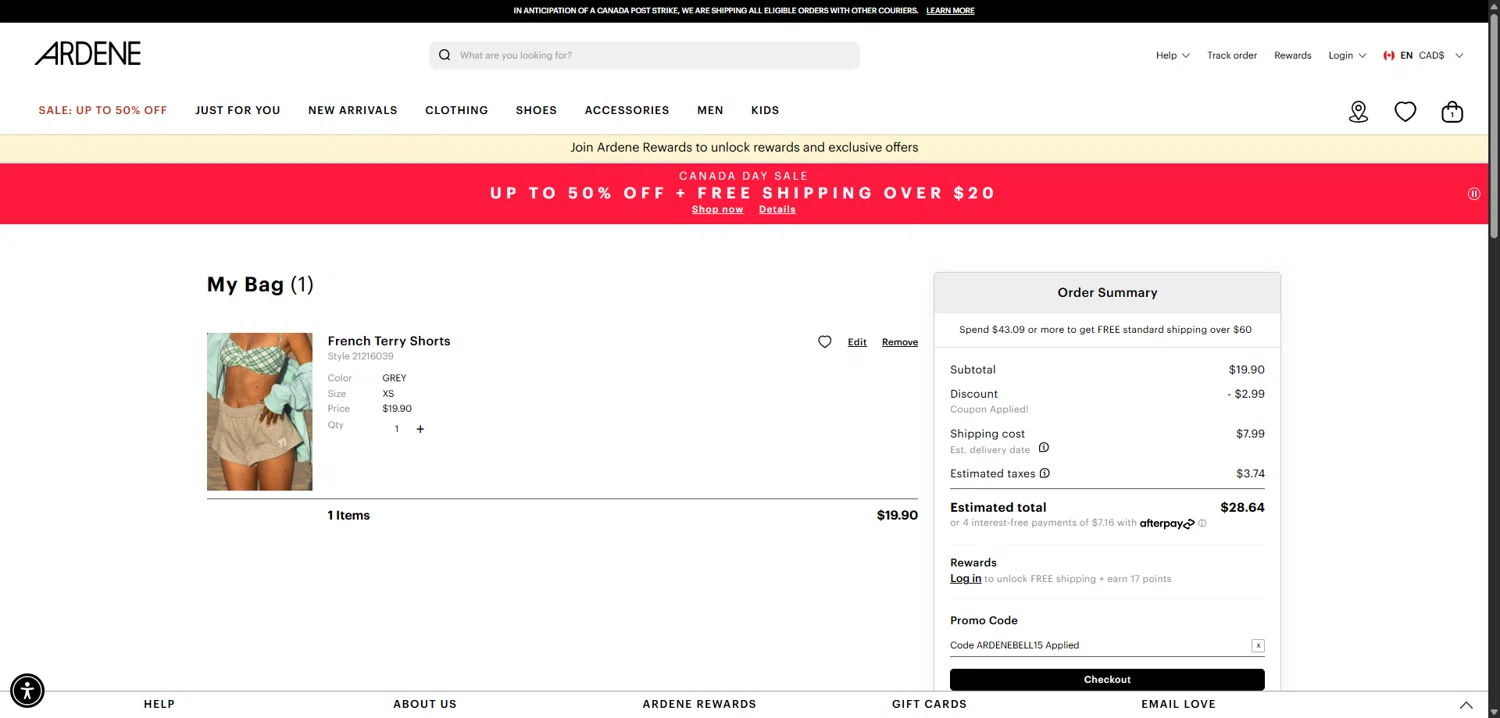Ardene promo code screenshot showing code ardenebell15 applied at Ardene checkout page. Uploaded by SimplyCodes community member FrugalPhoenix2446 on Jun 25, 2025