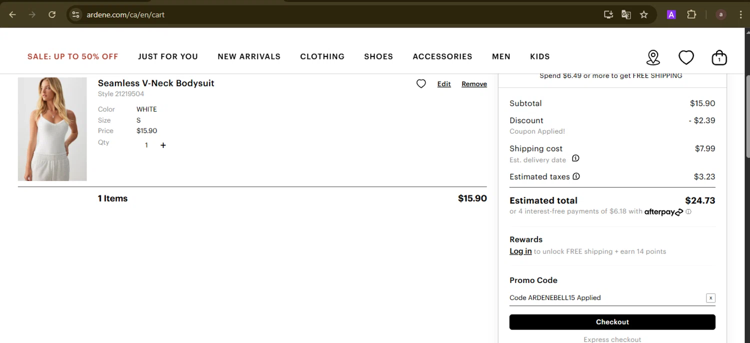 Ardene promo code screenshot showing code ardenebell15 applied at Ardene checkout page. Uploaded by SimplyCodes community member GoldCurator1773 on Jul 23, 2025