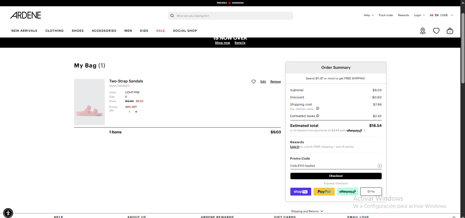 Ardene promo code screenshot showing code es10 applied at Ardene checkout page. Uploaded by SimplyCodes community member Carlosramirez09 on Apr 20, 2025