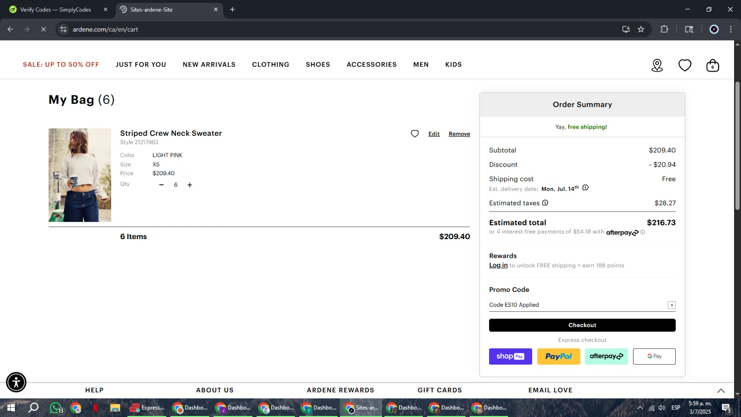 Ardene promo code screenshot showing code es10 applied at Ardene checkout page. Uploaded by SimplyCodes community member RoyalBoss4384 on Jul 3, 2025