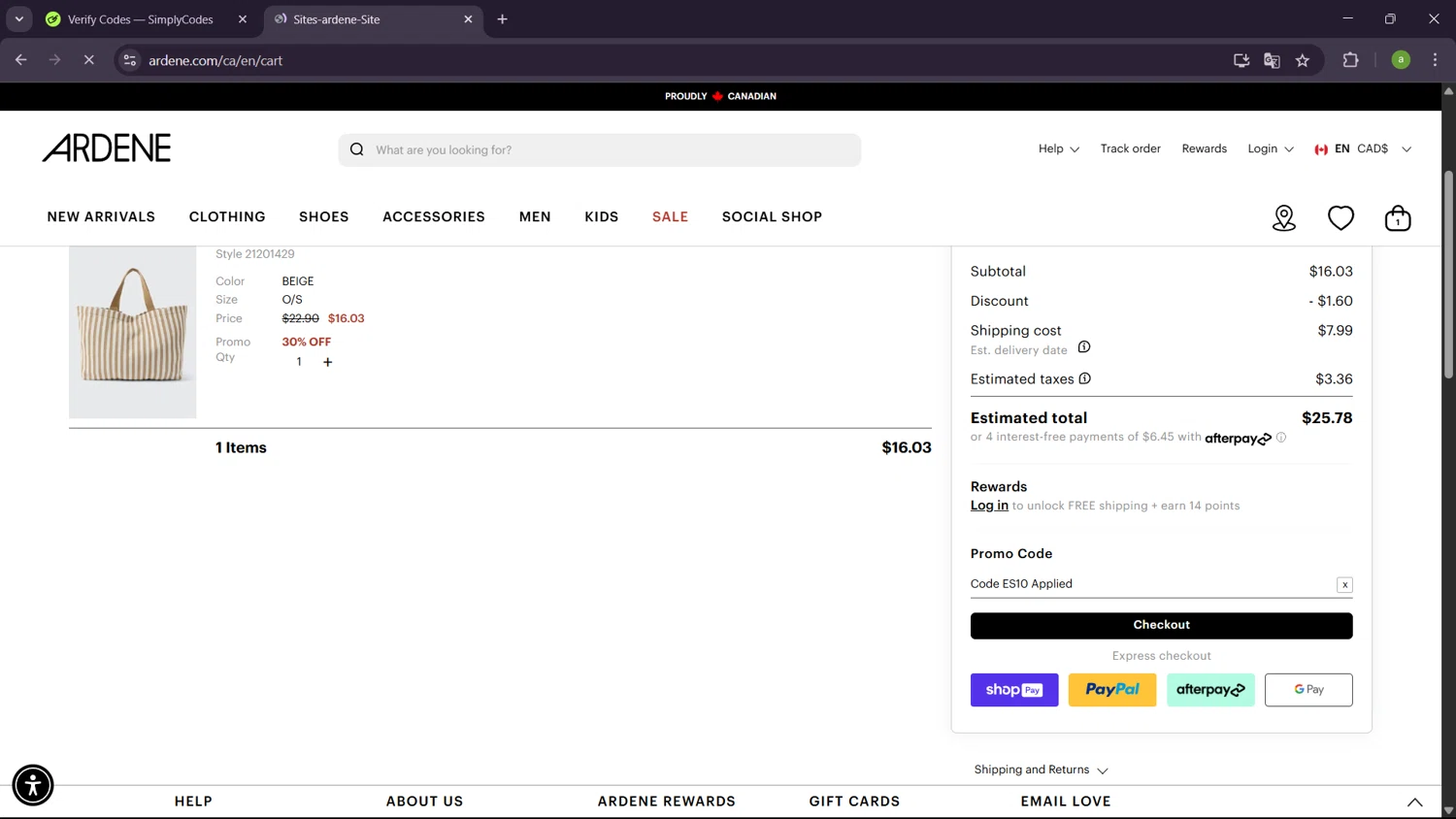 Ardene promo code screenshot showing code es10 applied at Ardene checkout page. Uploaded by SimplyCodes community member SavingsHero9122 on Apr 20, 2025