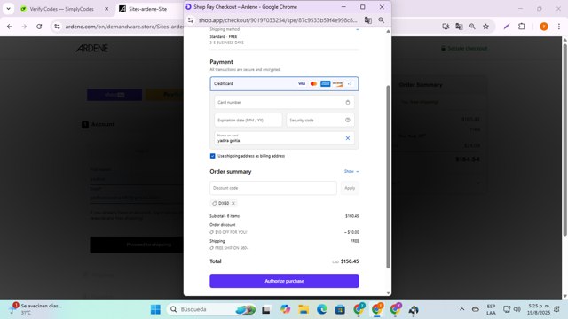 Ardene checkout page showing Ardene promo code box | Screenshot taken by SimplyCodes community member on Aug 19, 2025