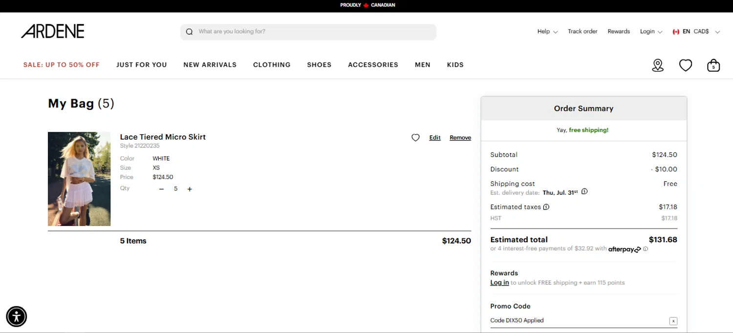 Ardene promo code screenshot showing code DIX50 applied at Ardene checkout page. Uploaded by SimplyCodes community member Myrulesmagazine23 on Jul 27, 2025