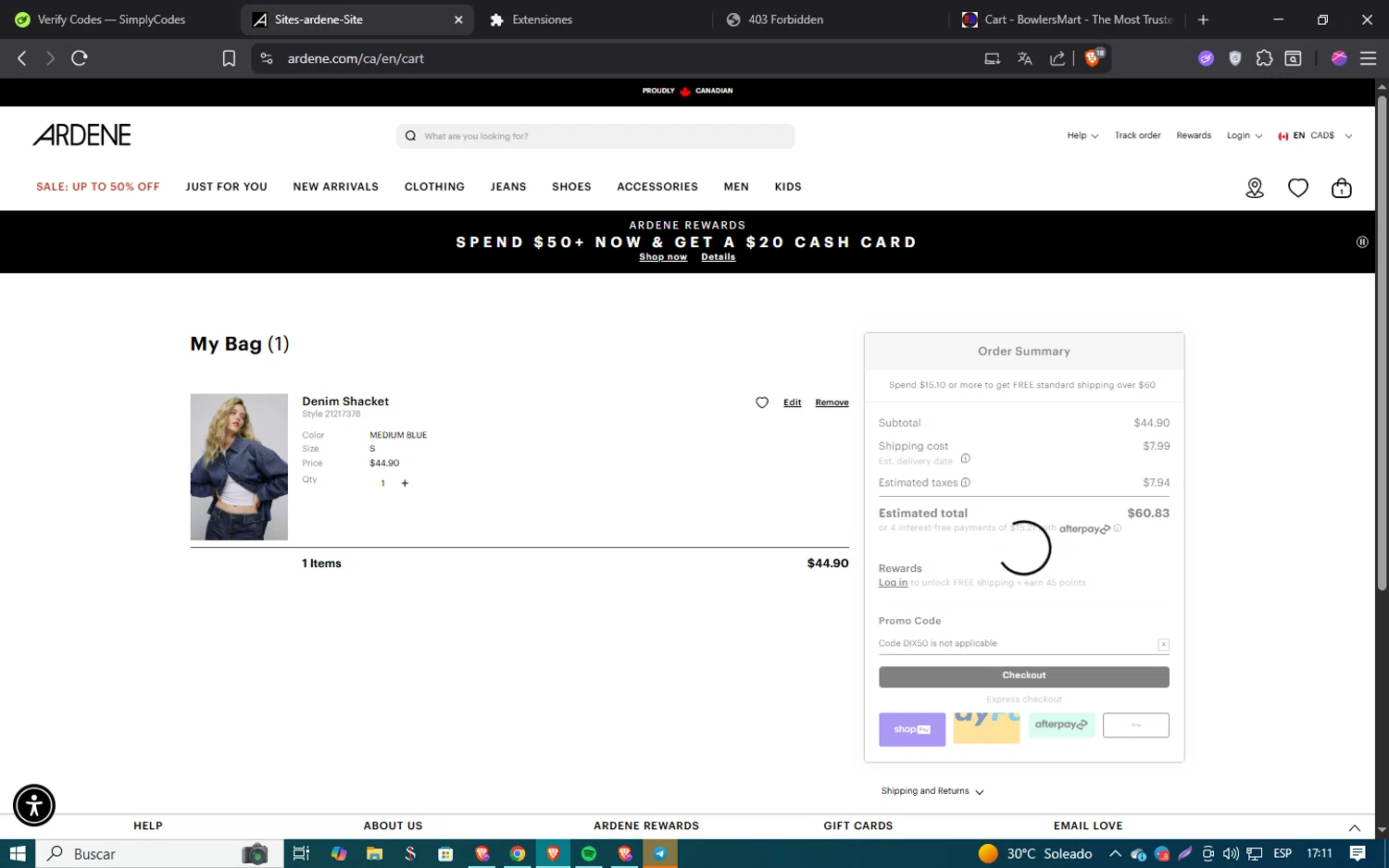 Ardene promo code screenshot showing code DIX50 applied at Ardene checkout page. Uploaded by SimplyCodes community member SmartSaver5858 on Aug 19, 2025