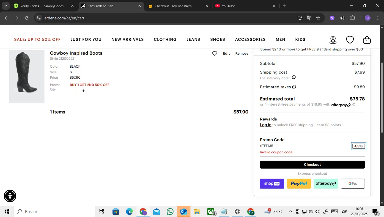 Ardene promo code screenshot showing code STEFA15 applied at Ardene checkout page. Uploaded by SimplyCodes community member ENCARAMESSI on Aug 22, 2025