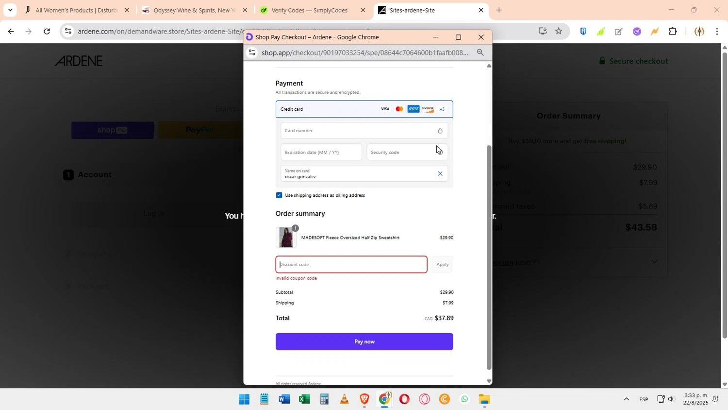 Ardene promo code screenshot showing code STEFA15 applied at Ardene checkout page. Uploaded by SimplyCodes community member Elimix on Aug 22, 2025