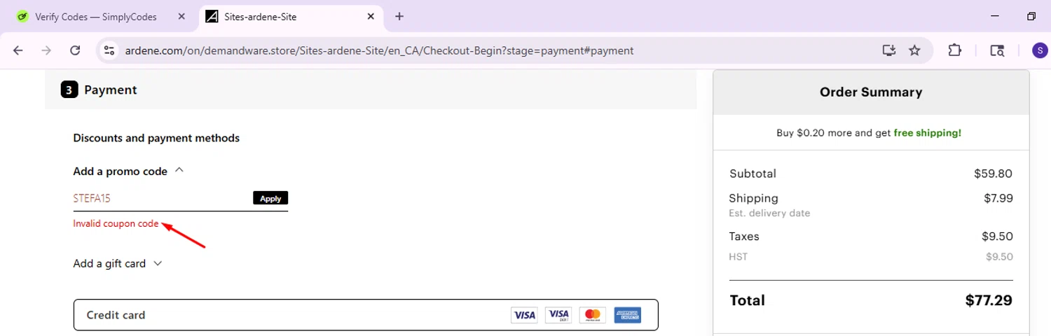 Ardene promo code screenshot showing code STEFA15 applied at Ardene checkout page. Uploaded by SimplyCodes community member EnmanuelEDITOR on Aug 22, 2025