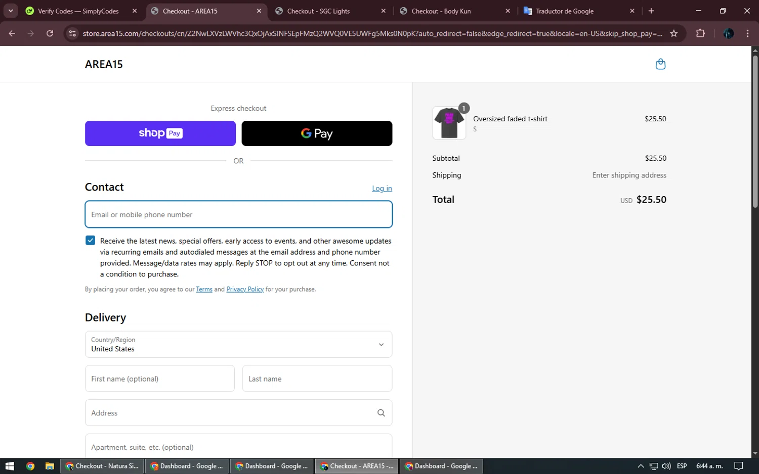 AREA15 promo code screenshot showing code DISCO10 applied at AREA15 checkout page. Uploaded by SimplyCodes community member Kurokenshi on Apr 22, 2025