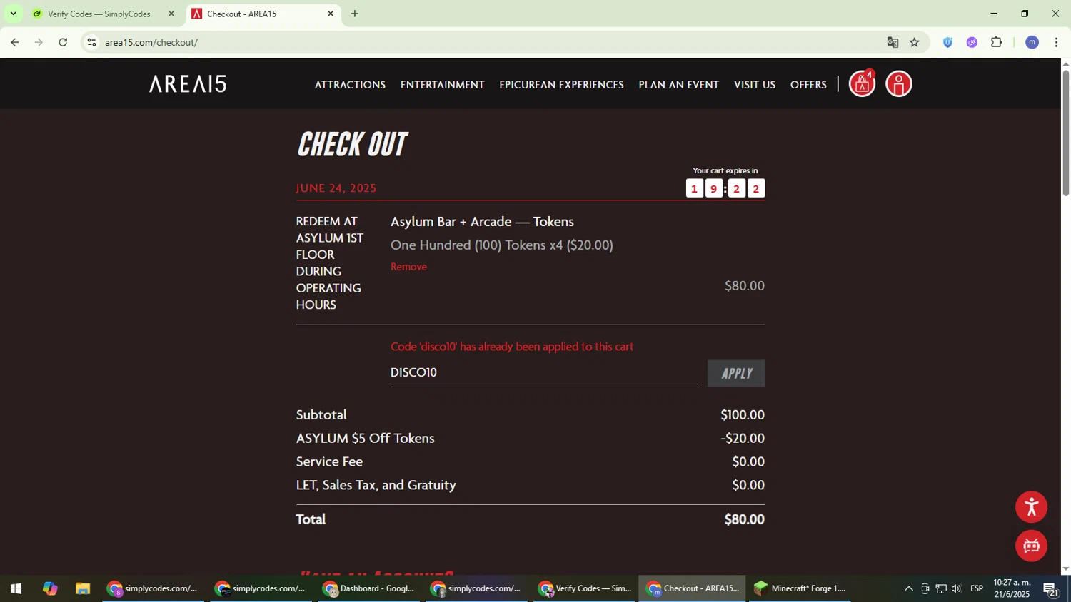 AREA15 promo code screenshot showing code DISCO10 applied at AREA15 checkout page. Uploaded by SimplyCodes community member QuestDefender2661 on Jun 21, 2025