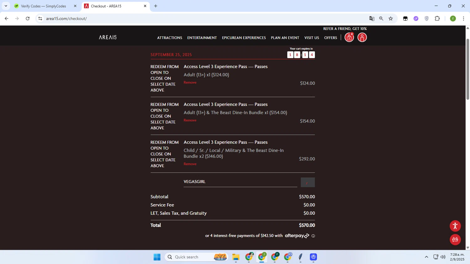 AREA15 promo code screenshot showing code VEGASGIRL applied at AREA15 checkout page. Uploaded by SimplyCodes community member Irelia on Sep 2, 2025