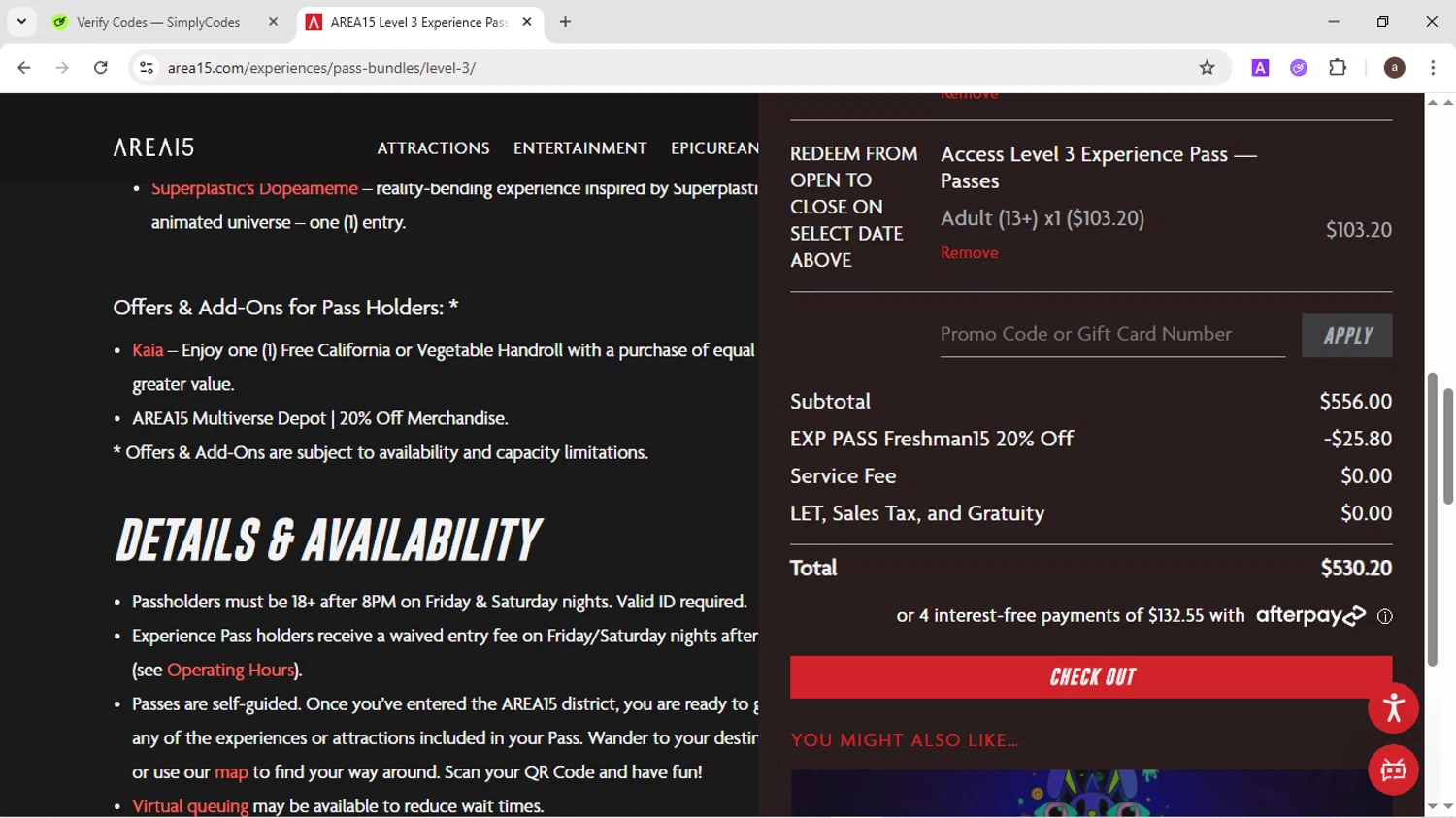 AREA15 checkout page showing AREA15 promo code box | Screenshot taken by SimplyCodes community member on Aug 11, 2025