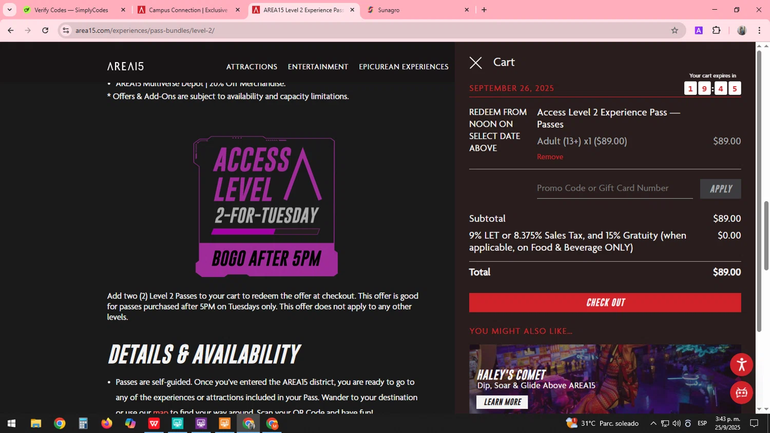 AREA15 checkout page showing AREA15 promo code box | Screenshot taken by SimplyCodes community member on Sep 25, 2025