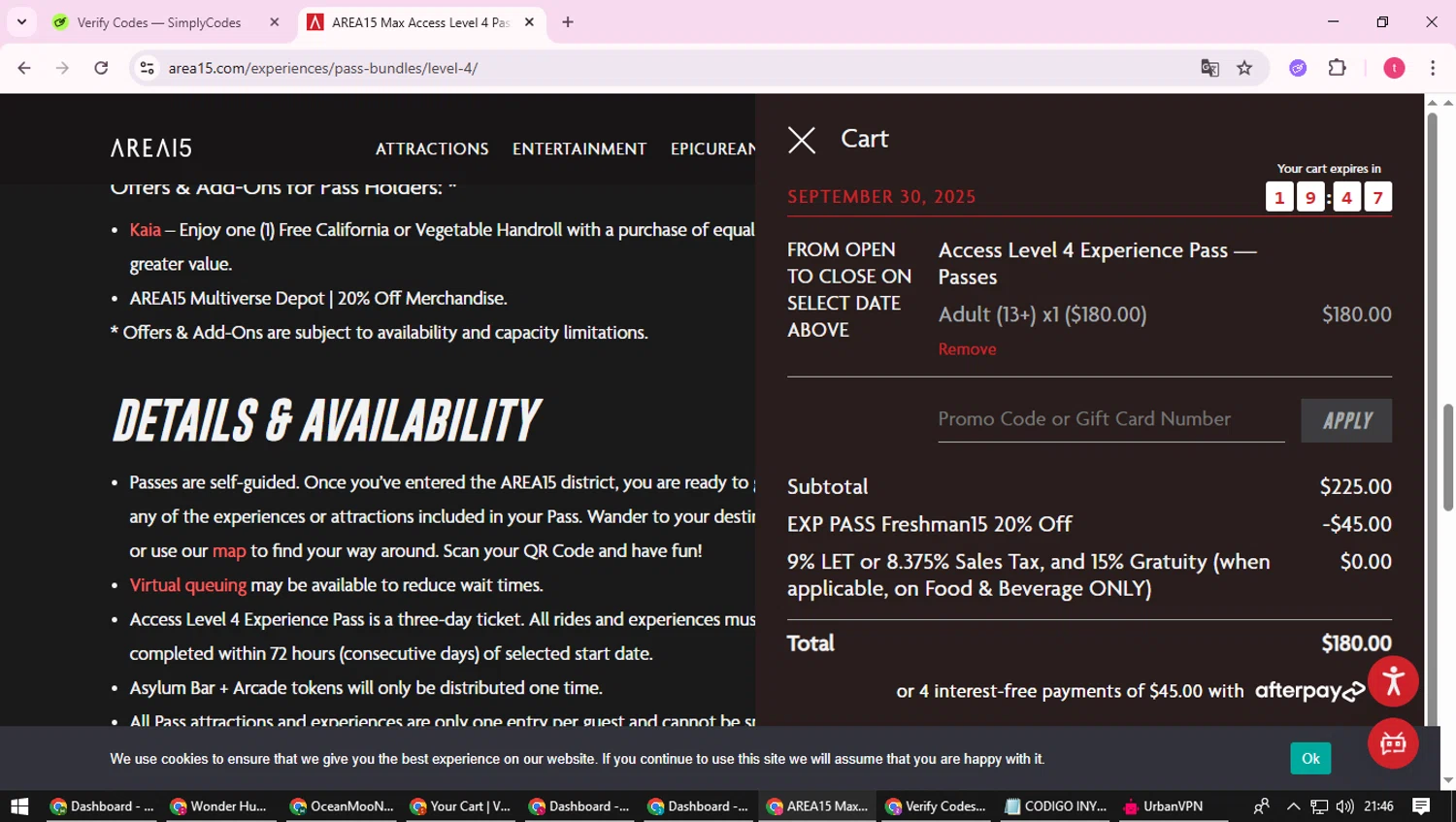 AREA15 promo code screenshot showing code FRESHMAN15 applied at AREA15 checkout page. Uploaded by SimplyCodes community member ScanExpert2824 on Sep 29, 2025