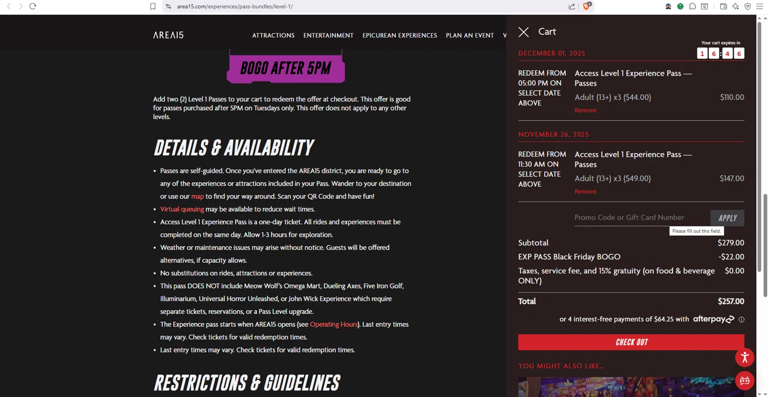 AREA15 promo code screenshot showing code BOGOBF applied at AREA15 checkout page. Uploaded by SimplyCodes community member dayselis15 on Nov 19, 2025