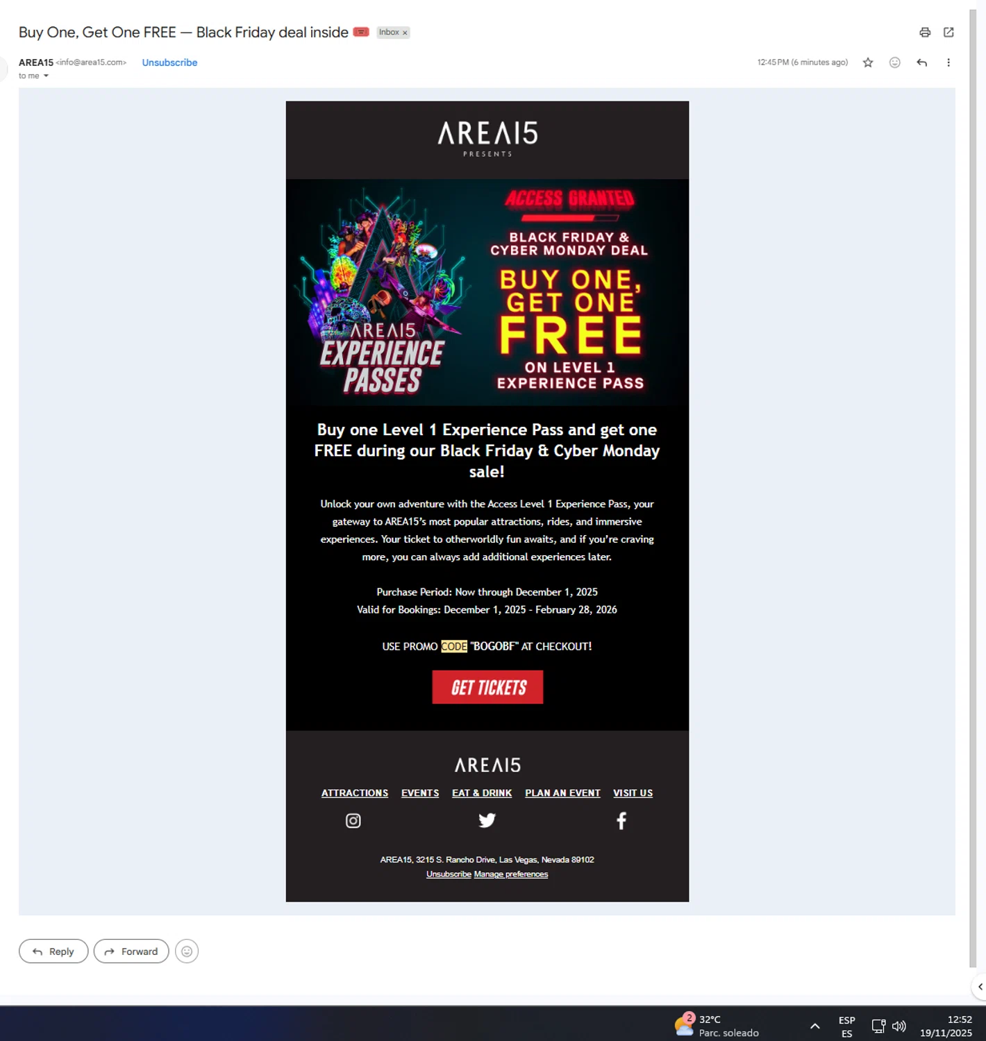 AREA15 promo code screenshot showing code BOGOBF applied at AREA15 checkout page. Uploaded by SimplyCodes community member UnkNownVnzla on Nov 19, 2025