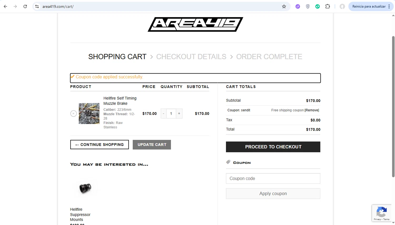 Area 419 coupon code screenshot showing code SENDIT applied at Area 419 checkout page. Uploaded by SimplyCodes community member user1998 on Jun 25, 2025