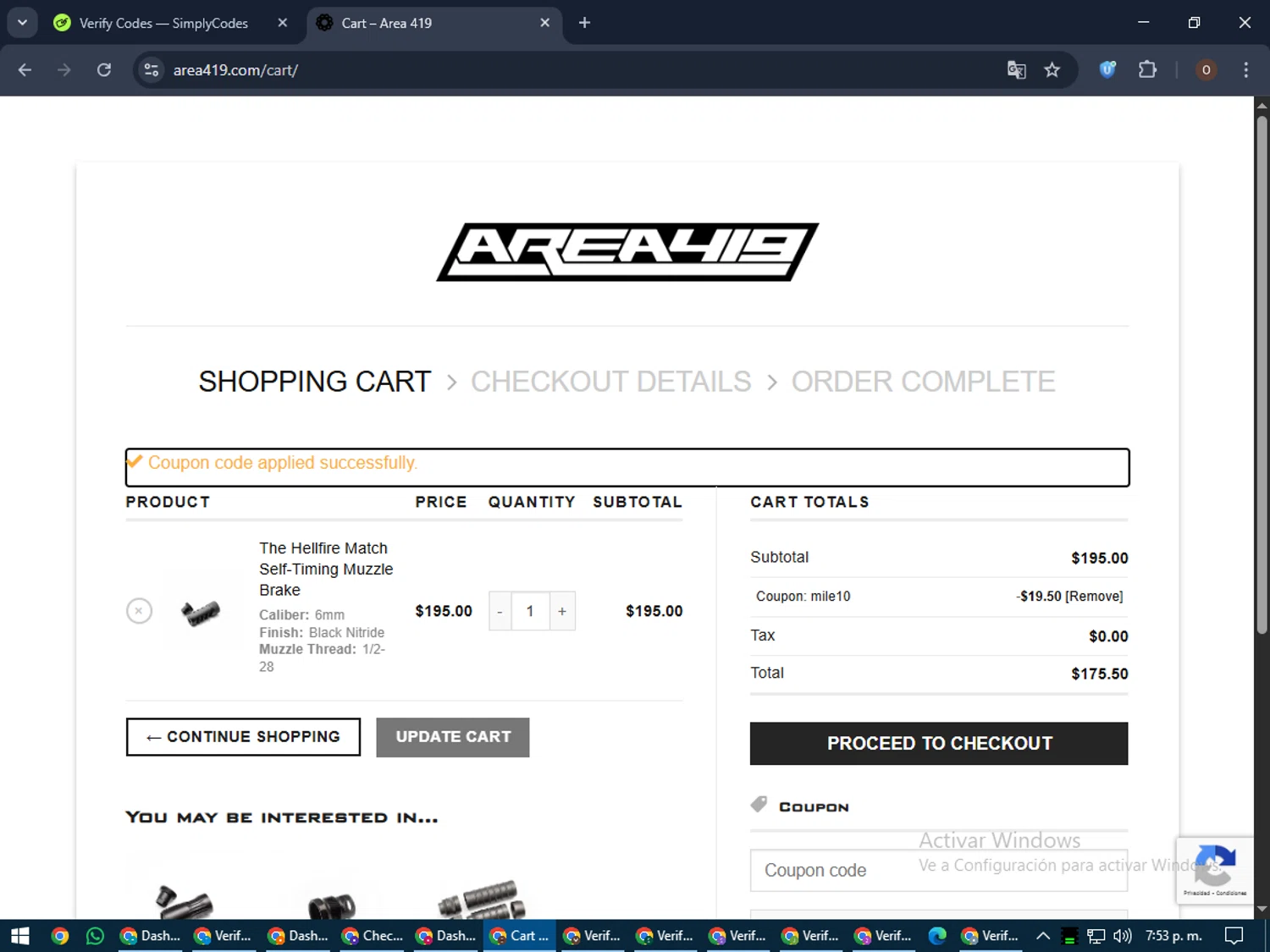 Area 419 coupon code screenshot showing code MILE10 applied at Area 419 checkout page. Uploaded by SimplyCodes community member Legendar on Jun 17, 2025