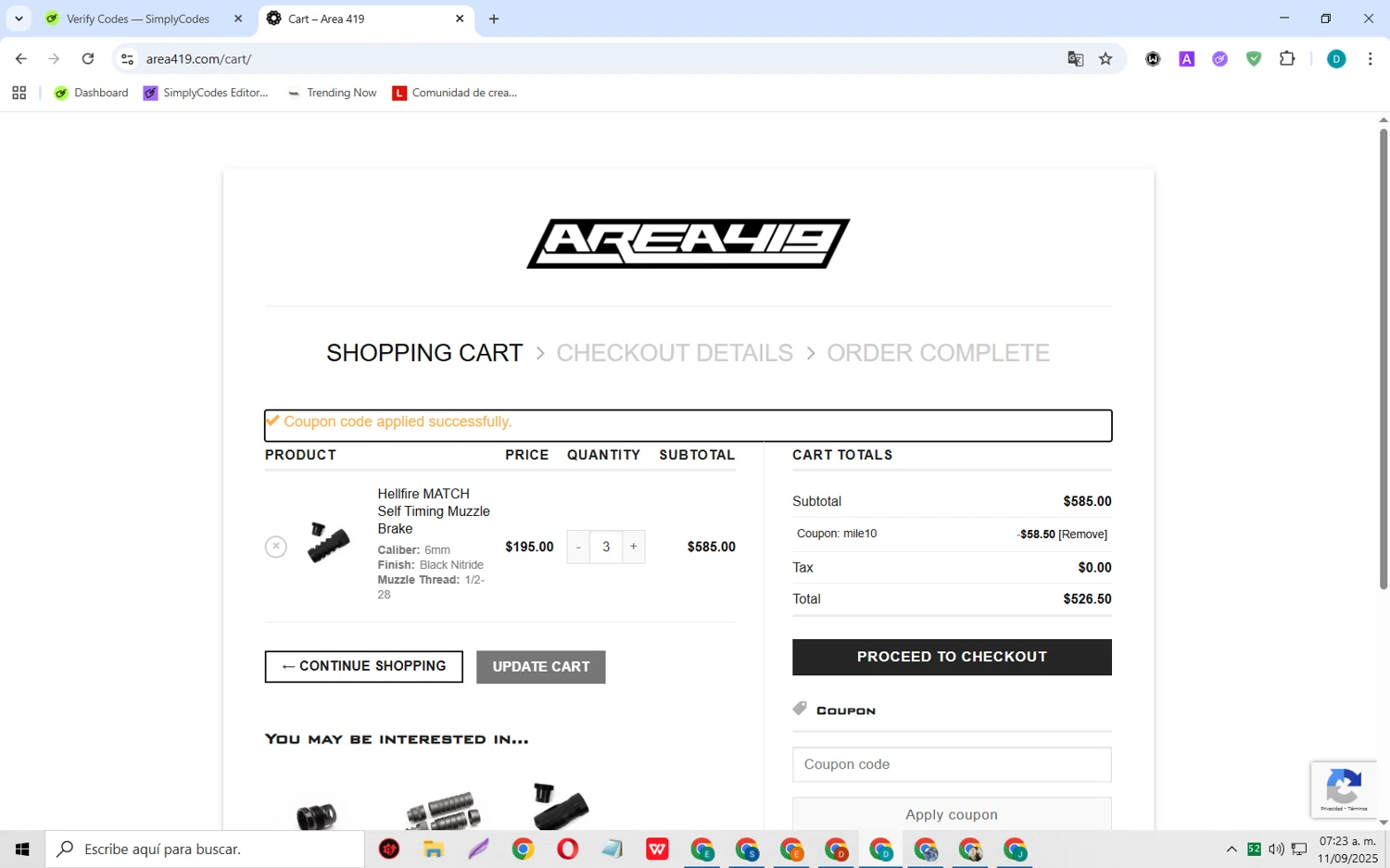 Area 419 coupon code screenshot showing code MILE10 applied at Area 419 checkout page. Uploaded by SimplyCodes community member MagnificentCollector5368 on Sep 11, 2025