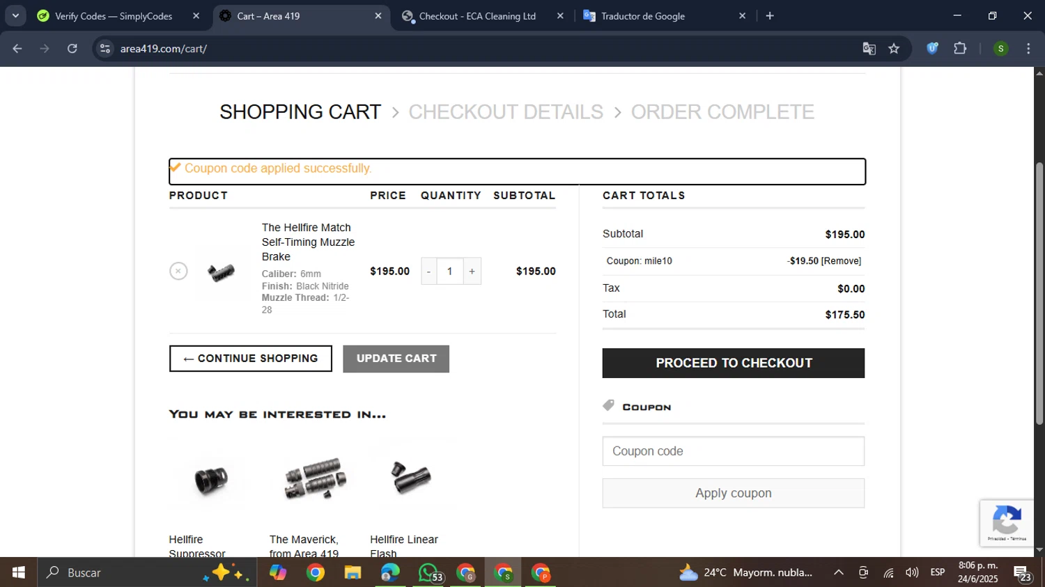 Area 419 coupon code screenshot showing code MILE10 applied at Area 419 checkout page. Uploaded by SimplyCodes community member RewardMaverick445 on Jun 25, 2025