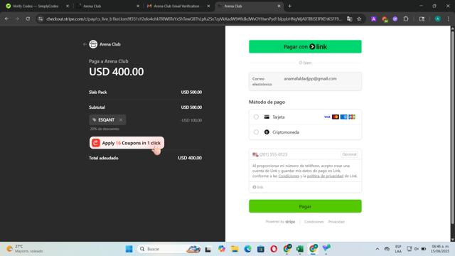 Arena Club checkout page showing Arena Club promo code box | Screenshot taken by SimplyCodes community member on Aug 15, 2025