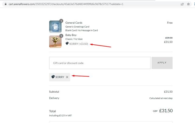 Arena Flowers checkout page showing Arena Flowers discount code box | Screenshot taken by SimplyCodes community member on Jan 8, 2023