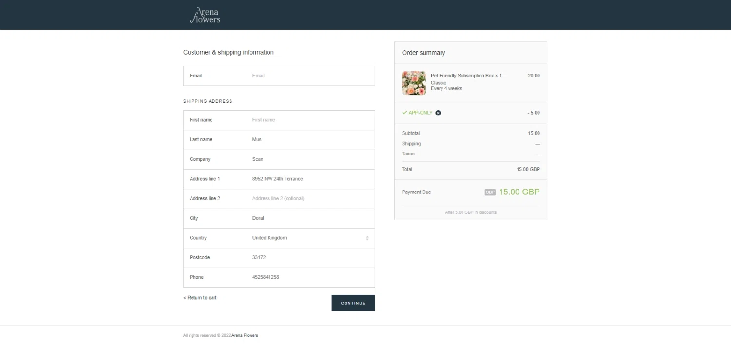where to use Arena Flowers promo code box